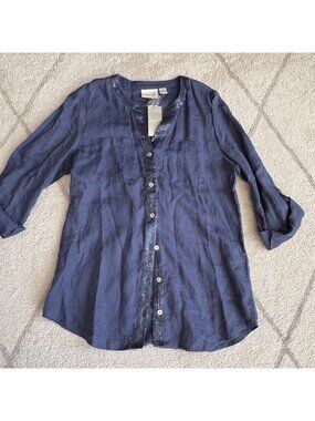 Chico’s NWT Linen Sequin Trim Blouse Blue Button Front Top Lightweight